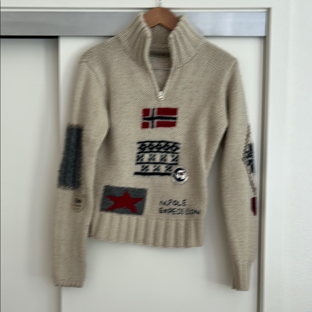 NAPAPIJRI Beige Wool Sweater with Nordic Flags size L .
